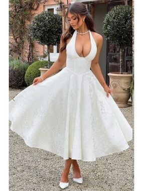 Women's White Halter Midi Dress with Fit-and-Flare Skirt